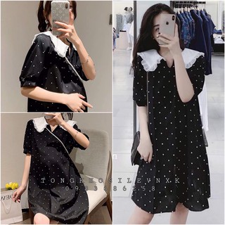 VÁY CHẤM BI ĐEN CỔ BÈO - ĐẦM SUÔNG CHẤM BI CỔ V ULZZANG