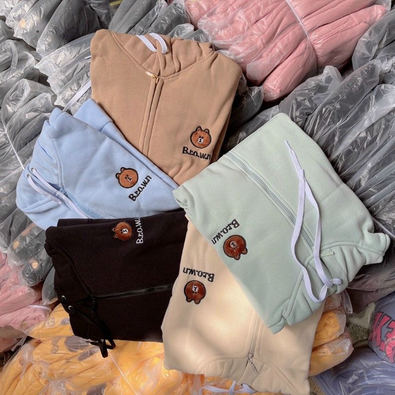 Áo Hoddie Thêu Hình Mặt Gấu B.R.O.W.N [ Hình Thật ] Áo Khoác Dây Kéo Chất Nỉ Ngoại