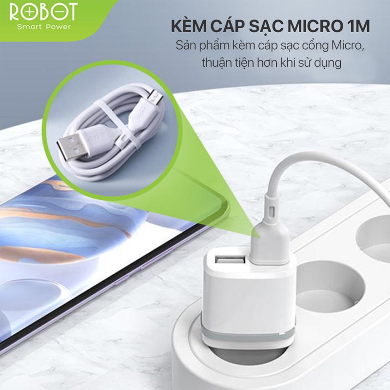 Cốc sạc nhanh an toàn 2.1A Robot RT-K9 2 cổng sạc ra USB, nhiều lớp bảo vệ an toàn, tặng kèm cáp sạc Micro, độ bền cao