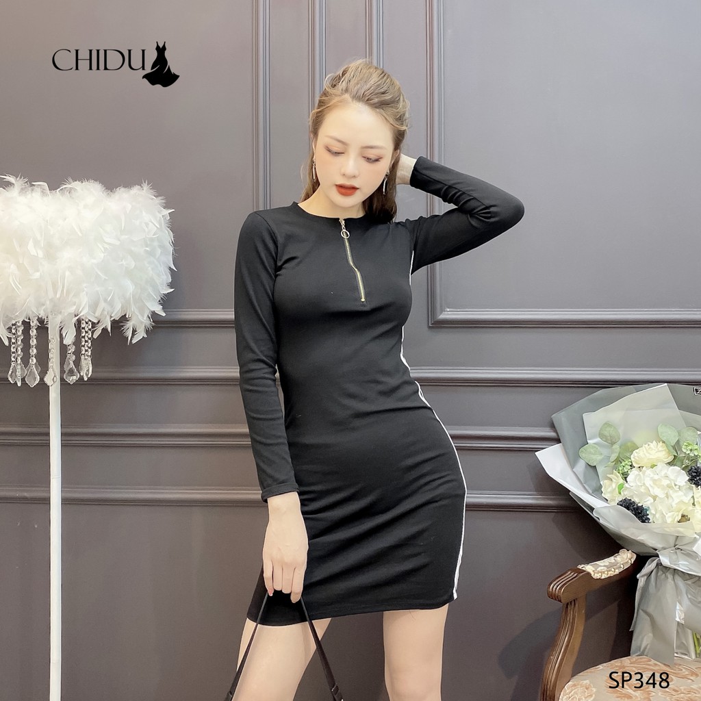 CHIDU đầm công sở body khóa kéo, đầm dự tiệc phối sọc - SP348