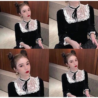Váy nhung cổ ren