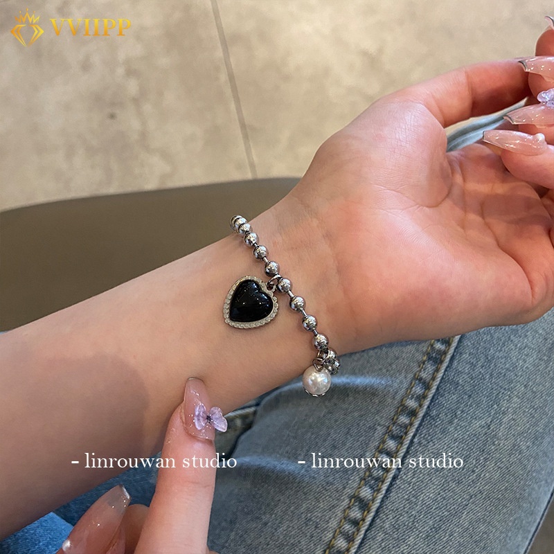 Vòng Tay Chuỗi Hạt Ngọc Trai Mặt Trái Tim Màu Đen Thời Trang Cho Nữ