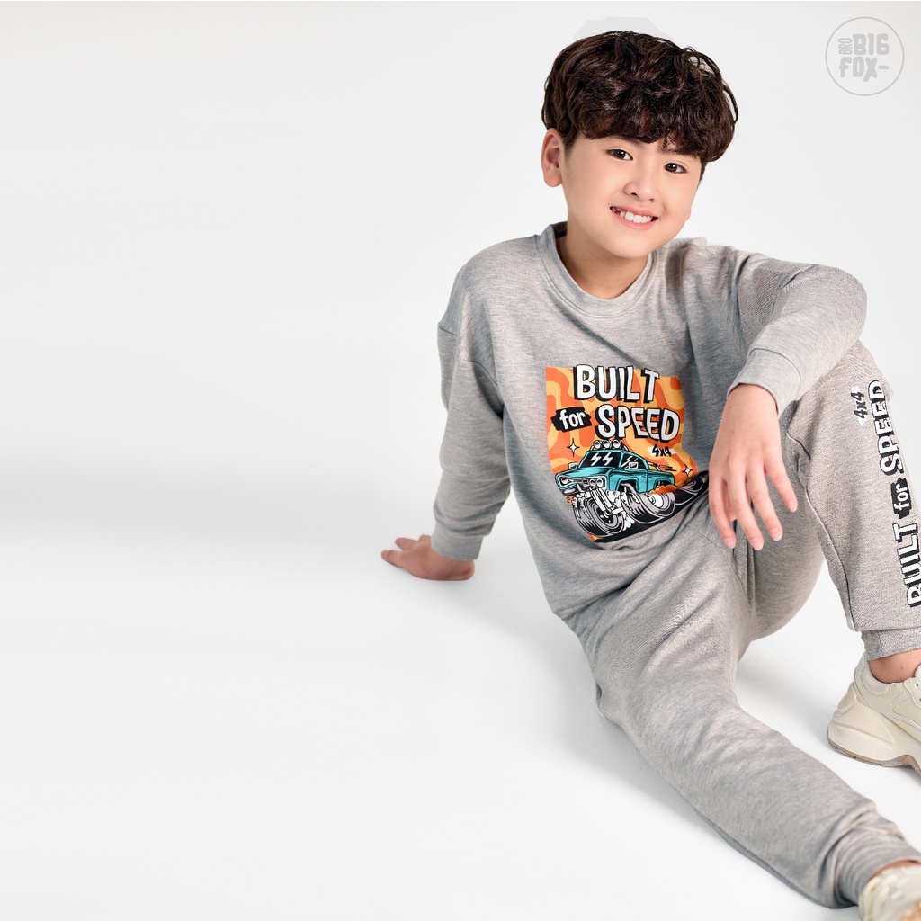 Quần áo bé trai thu đông Bigfox Miss Meow size đại, bộ nỉ cho bé vải nỉ da cá mềm mịn in ô tô size trẻ em 3,4,..11 tuổi