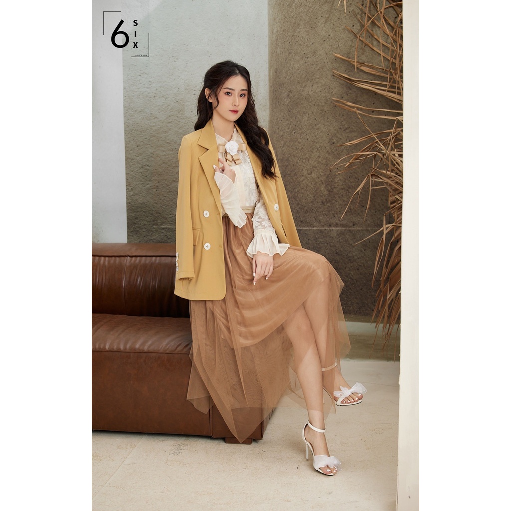 Áo blazer nữ dài tay độn vai phong cách công sở túi ngực giả cao cấp 6SIX Closet