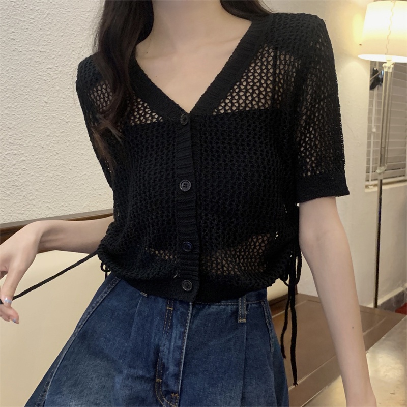 【ZHELIHANGFEI】Áo Cardigan Dệt Kim Tay Ngắn Dáng Rộng Phối Dây Rút Thời Trang Dành Cho Nữ