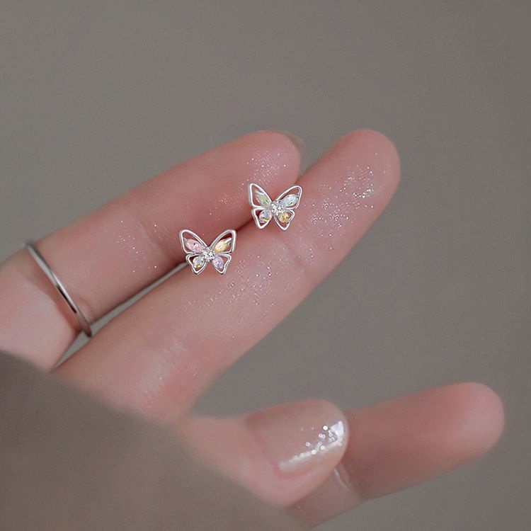 1 Đôi Bông Tai Hình Bướm Rỗng Đính Đá Zircon Nhiều Màu Lấp Lánh