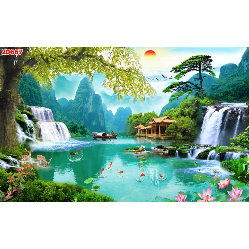 Tranh dán tường 3d sơn thủy hữu tình trang trí nhà cửa phòng khách giá rẻ đẹp chất liệu decal pp keo sẵn bóc dán atk10