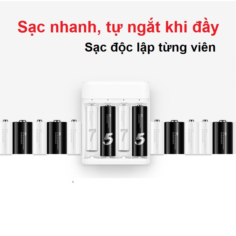 Bộ sạc pin AA AAA Xiaomi ZMI PB401, Sạc pin tiểu, pin đũa, Bộ sạc nhanh tự ngắt khi pin đầy có led báo trạng thái.