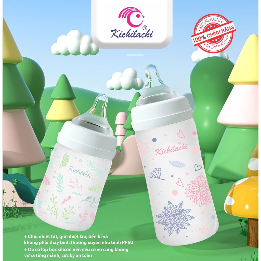 Bình Sữa Cho Bé Kichilachi,chất Liệu Thủy Tinh Tráng Silicon Siêu Nhẹ 150ml/240ml [KÈM NÚM TI]