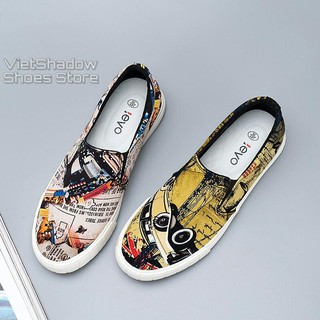 Slip on nam - Giày lười vải nam LEYO - Vải thô in họa tiết báo ảnh - Mã SP A1176 hàng Quảng Châu