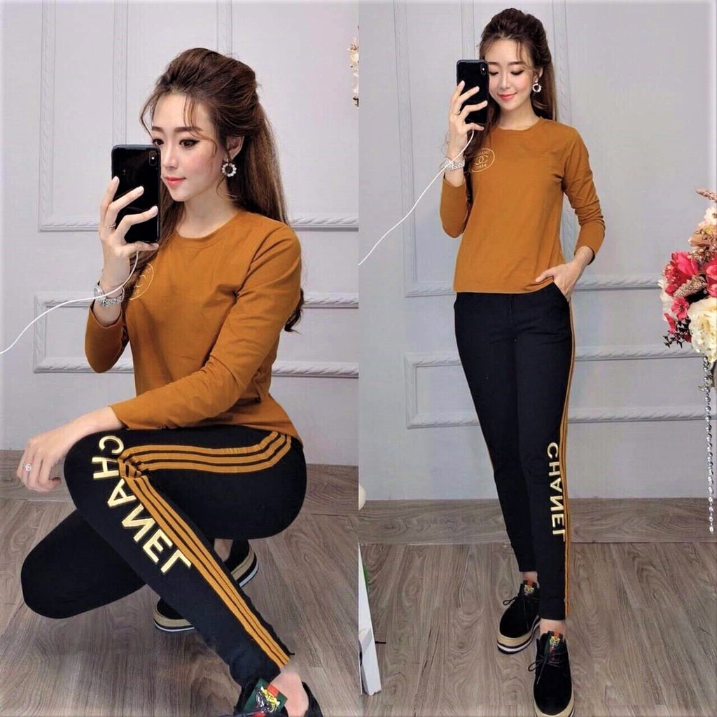 Đồ bộ cotton nữ - tay dài - logo thêu - thể thao