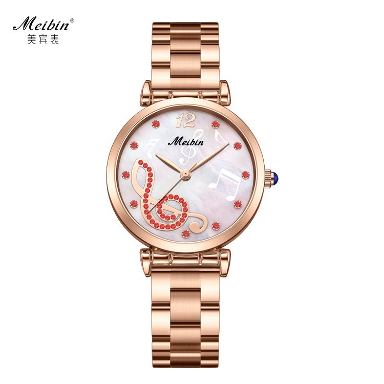Đồng hồ thời trang nữ, đồng hồ chính hãng MEIBIN nốt nhạc, mặt tròn đính đá Ruby cực kỳ cao cấp, sang chảnh