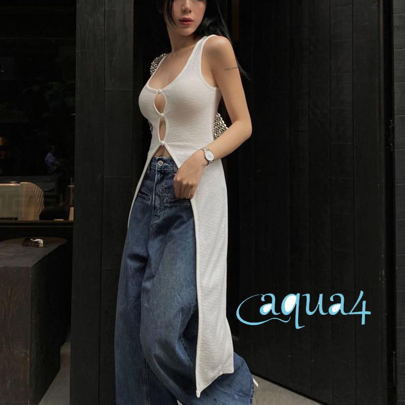 Anana-áo Sát Nách Cổ Chữ U Xẻ Tà Trước Dài Vừa Vặn Màu Trơn Cho Nữ