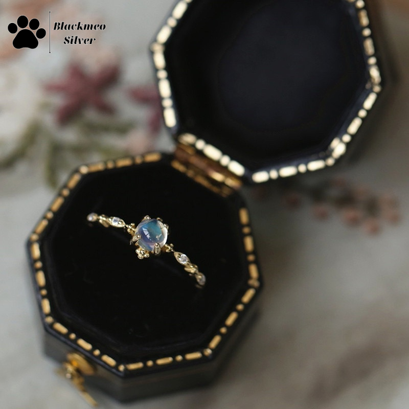 Nhẫn đá moonstone nhân tạo bạc 925, nhẫn bạc đá xanh lấp lánh Blackmeo