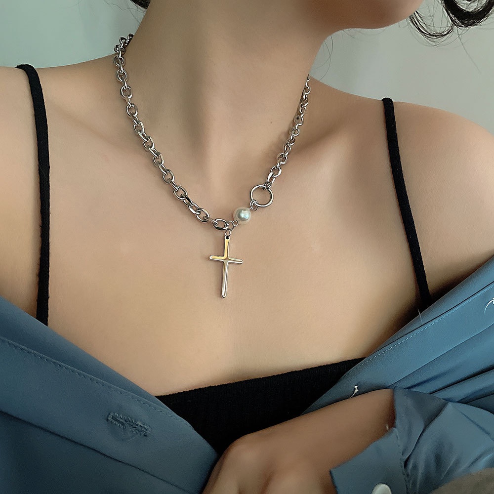 Vòng Cổ Choker Mặt Hình Thánh Giá Đính Hạt Ngọc Trai Phong Cách Hip Hop Cho Nam Và Nữ