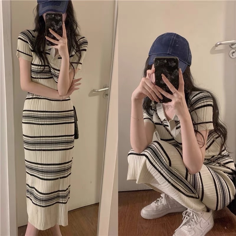 Váy Len Suông Nữ Cổ Polo Ngắn Tay Màu Kẻ Sọc Ngang Màu Trắng Đen Style Hàn Quốc