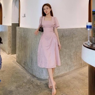 Đầm kẻ đen cổ vuông đan dây (kèm hình thật)