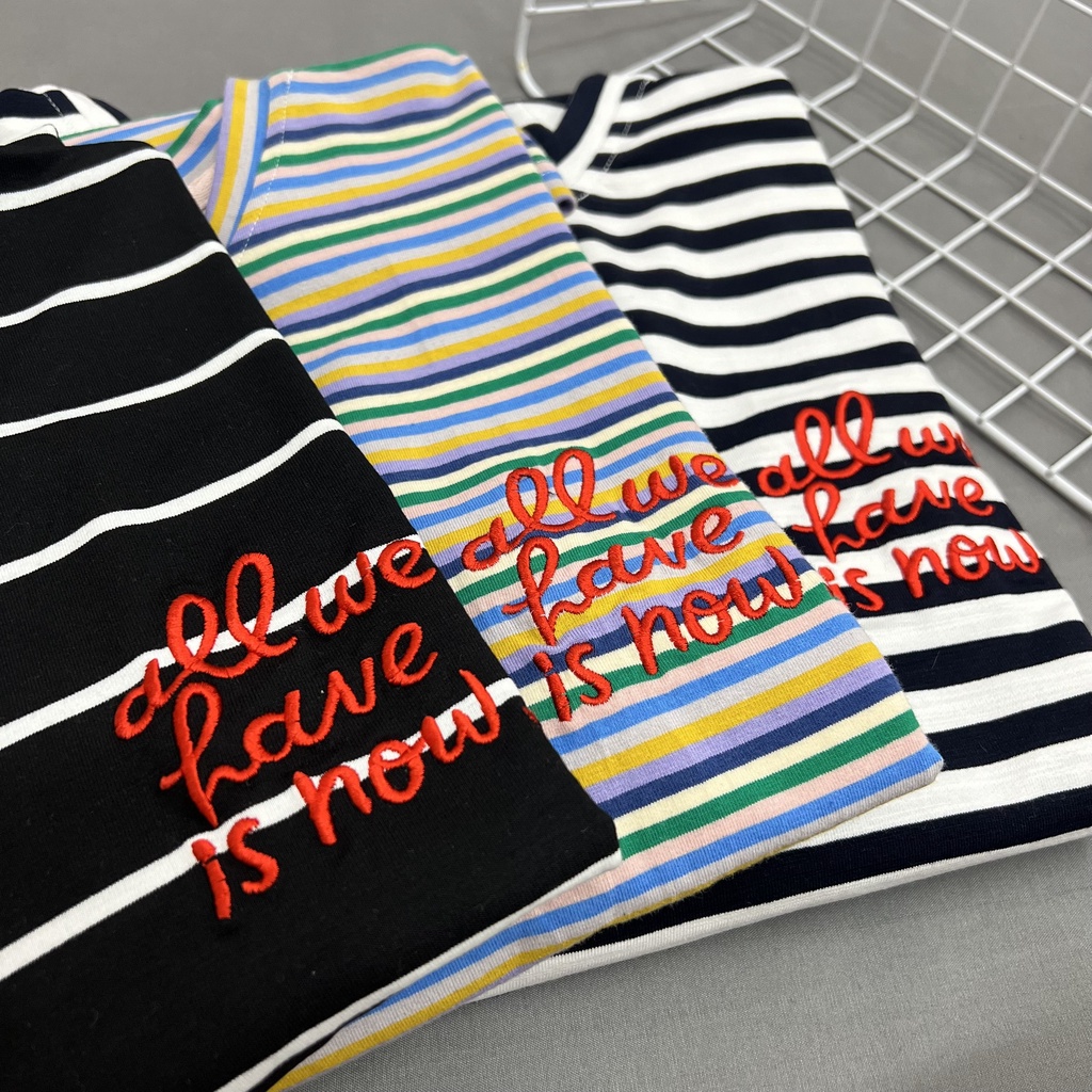 Áo thun kẻ xanh tay lỡ nam nữ MEANSTORE phông in hình cotton vải mát form rộng phong cách Ulzzang