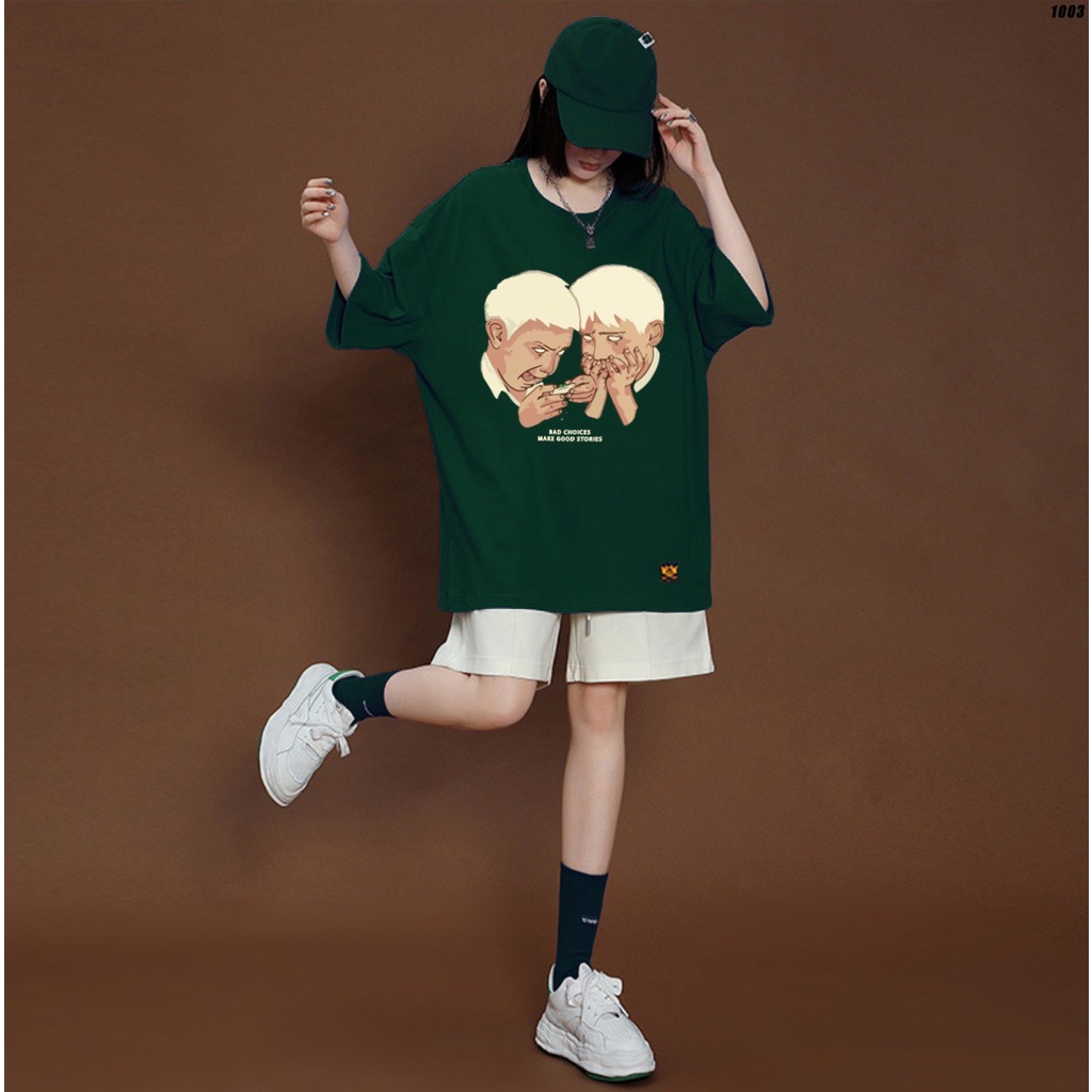 Áo thun unisex form rộng tay lỡ Hai em bé tóc trắng 1003 HY KOREA