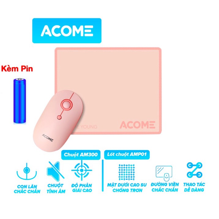 [COMBO] [Kèm Pin] Combo Chuột Không Dây ACOME AM300 Và Miếng Lót Chuột ACOME AMP01 - BH 12TH