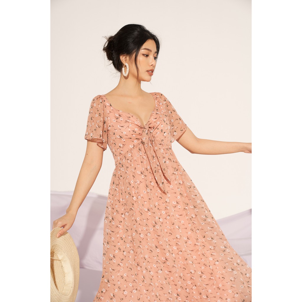 [ 26Studio ] Đầm dài vải voan họa tiết hoa cột nơ Angelia Dress | BigBuy360 - bigbuy360.vn