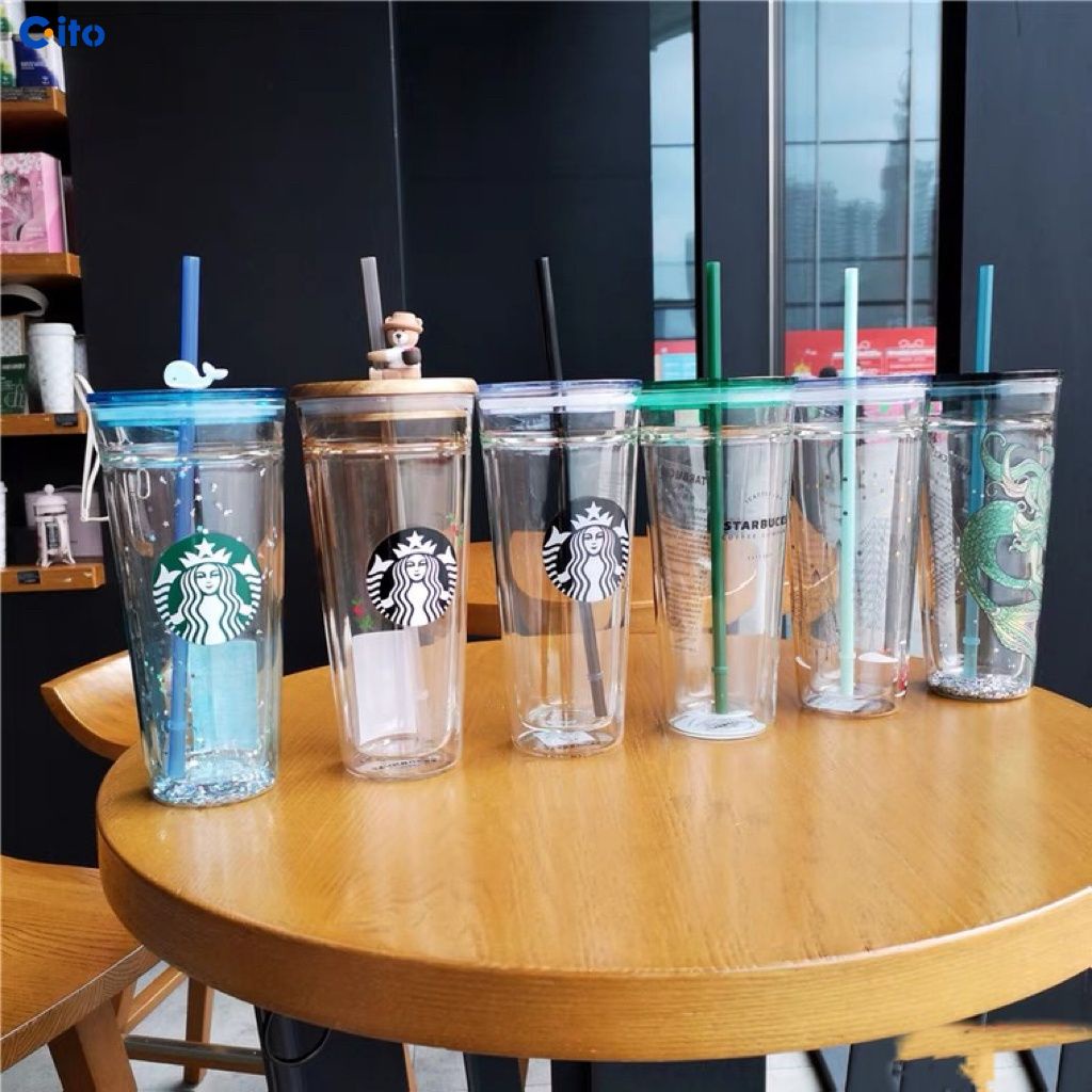 【24 hour ship 】 【Giá thấp nhất】 phong cách giới hạn Starbucks Tumbler Classic Cốc nhựa hai lớp có thể tái sử dụng Cốc rơm Cốc lạnh Đen trong suốt 470 / 710ml ito
