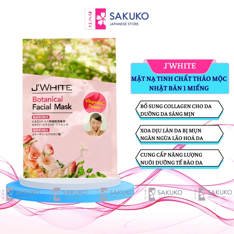 Mặt Nạ Giấy Bổ Sung Collagen, Ngăn Ngừa Lão Hóa Da Mặt J'WHITE Tinh Chất Thảo Mộc Nội Địa Nhật Bản 1 Miếng - SAKUKO