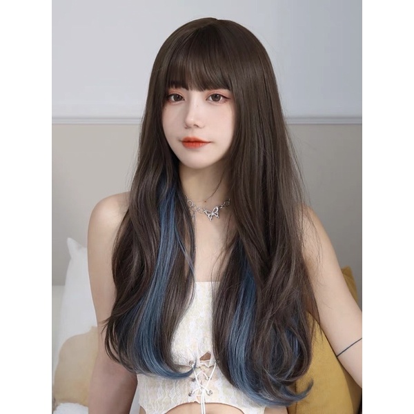 Tóc giả nguyên đầu cao cấp cụp dài light xanh tặng wig