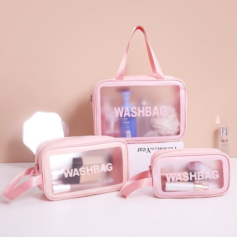 Set 3 túi trong suốt đựng mỹ phẩm, đồ trang điểm du lịch - Bộ 3 túi du lịch WASHBAG hồng chống thấm nước nhiều kích cỡ