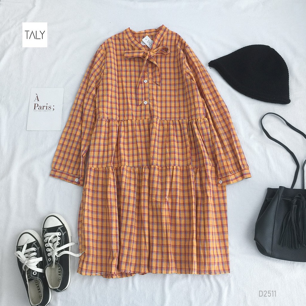 [Mã FAGREAT1505 giảm 8% tối đa 50K đơn 250K] Đầm caro thắt nơ cổ TALY D2511 | BigBuy360 - bigbuy360.vn