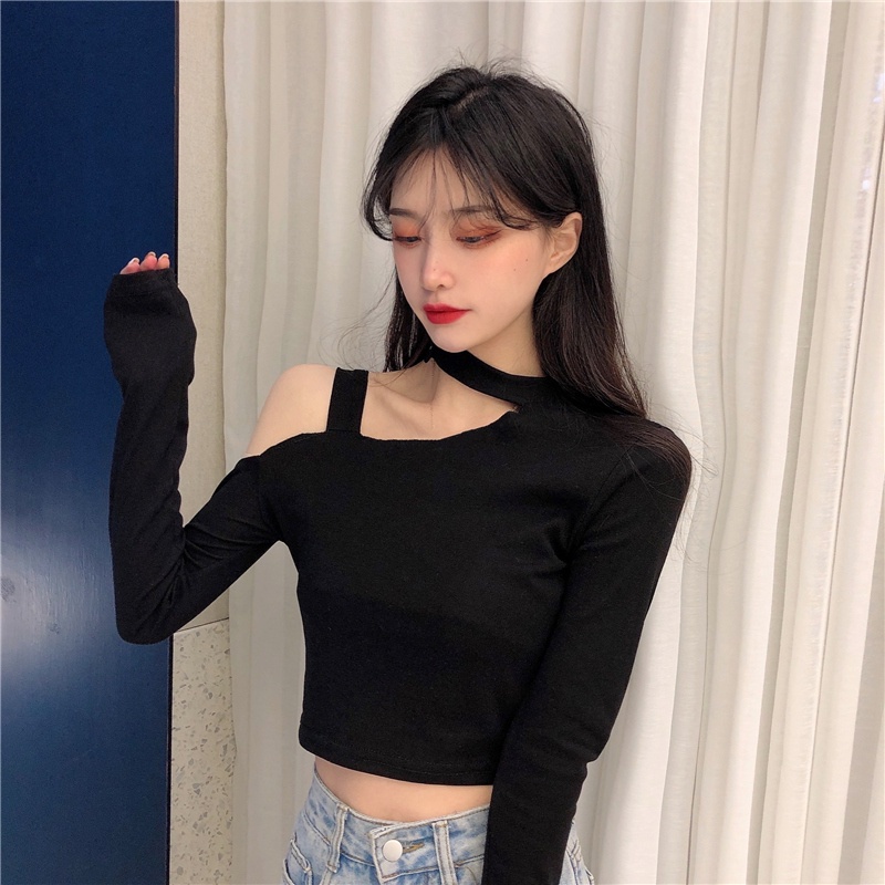 Áo thun SUXI tay dài trễ vai màu đen quyến rũ thời trang mùa thu cho nữ