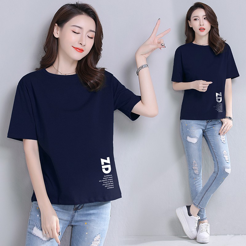 Dark blue color loose short-sleeved t-shirt women summer short-sleeved short-sleeved t-shirt women have a simple summer