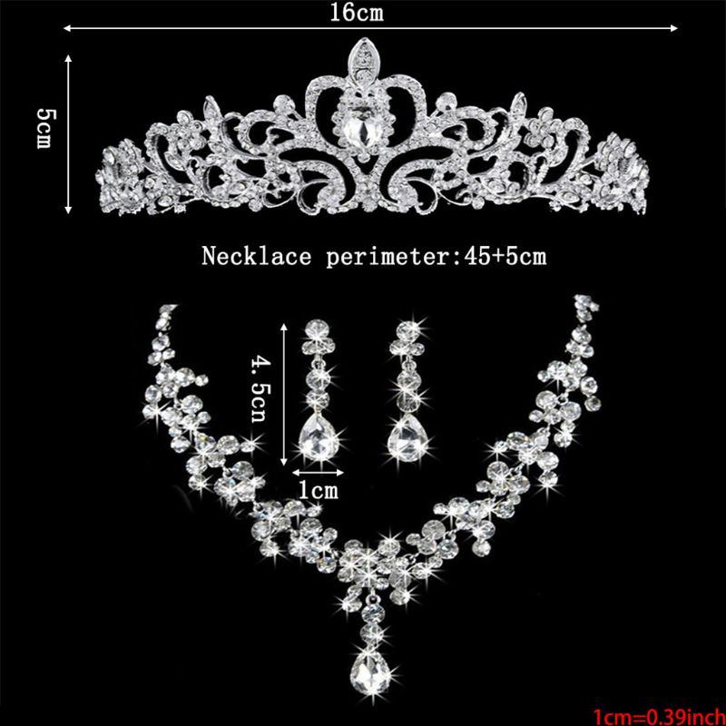 Bộ Vòng cổ + bông tai + băng đô cài tóc hình vương miện đính pha lê thời trang cho nữ