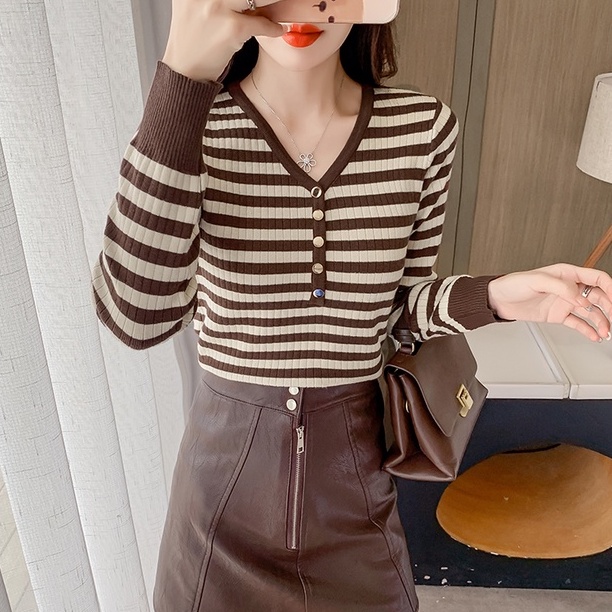 ZHELIHANGFEI Áo Len Tay Dài Cổ Chữ V Dáng Ôm Kẻ Sọc Ngang Trẻ Trung Hợp Thời Trang