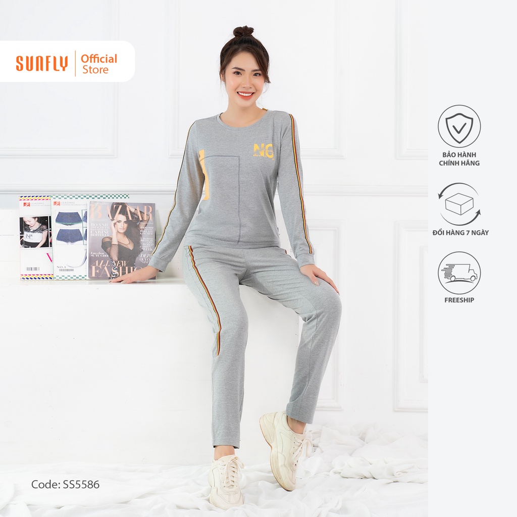 Bộ đồ mặc nhà nữ thể thao cotton da cá SUNFLY áo dài tay, quần dài  SS5661