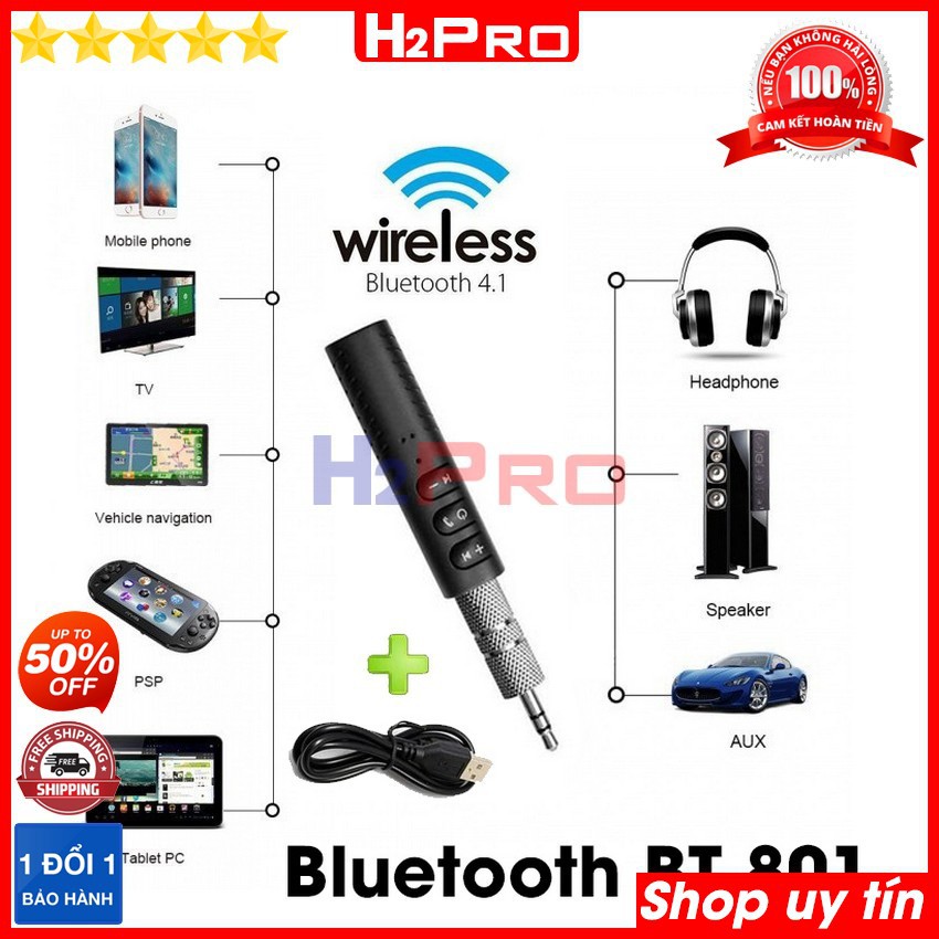 Thiết bị bluetooth cho xe hơi BT801 H2Pro cao cấp cắm jack AUX, thiết bị kết nối bluetooth cho amply-loa-tai nghe-TV