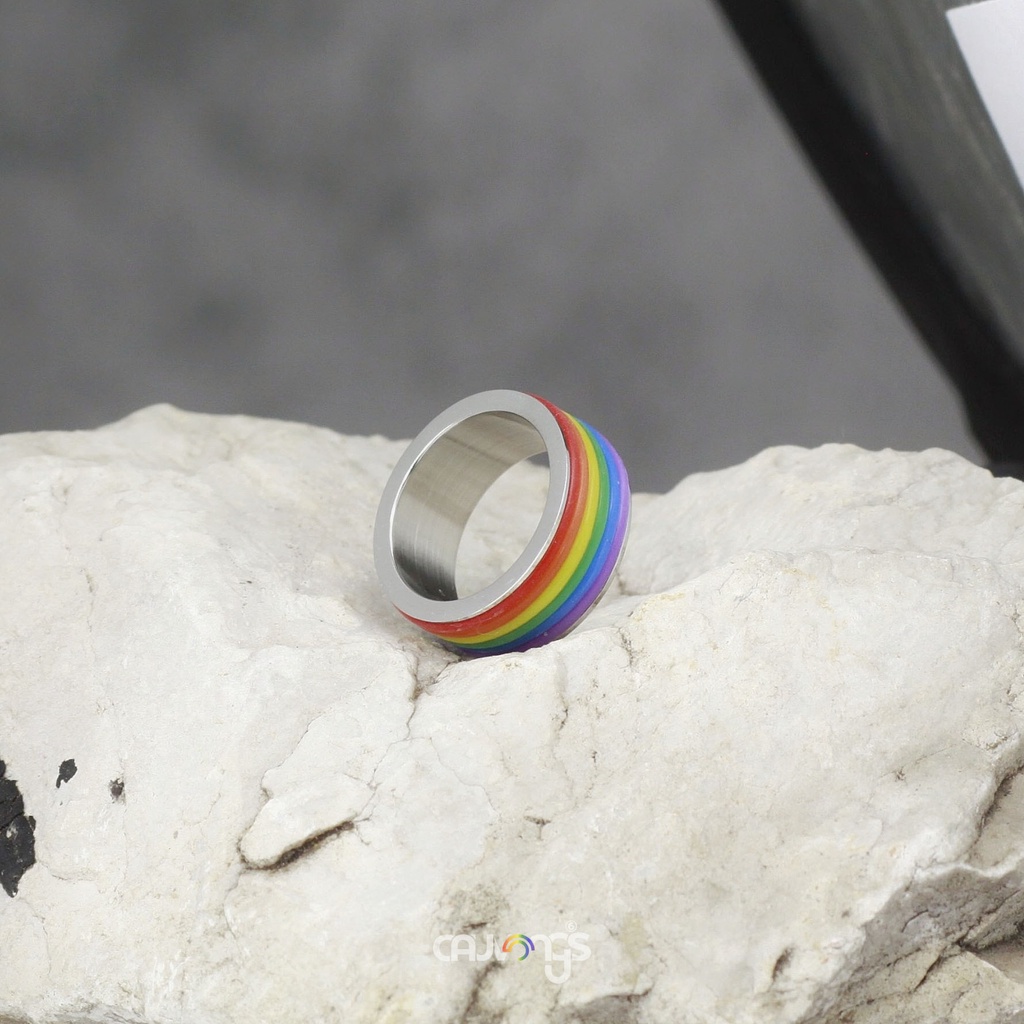 Nhẫn cầu vồng lgbt thép titan không rỉ N03 - 9mm - Đen - Bạc