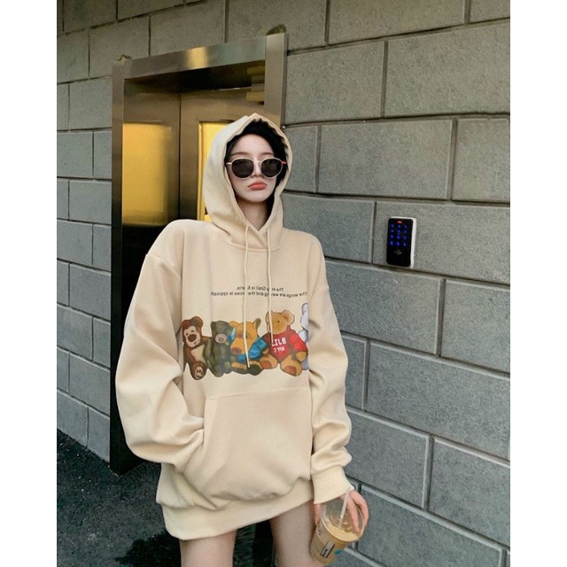 Áo hoodie nữ in gấu bông cube, mẫu áo khoác nỉ có mũ chống lạnh thời trang thu đông dành cho bé gái