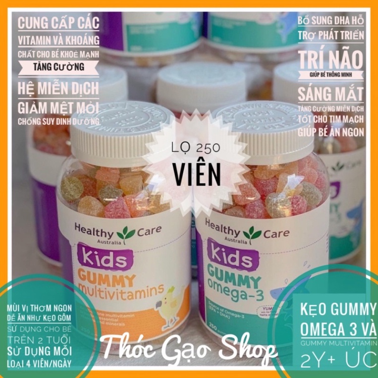 Kẹo dẻo Kids Gummy Multivitamin và Kids Gummy Omega 3 200v chính hãng Healthy Care Úc