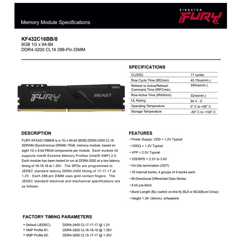 Ram Desktop Kingston Fury Beast 8GB DDR4 3200MHz (KF432C16BB/8)