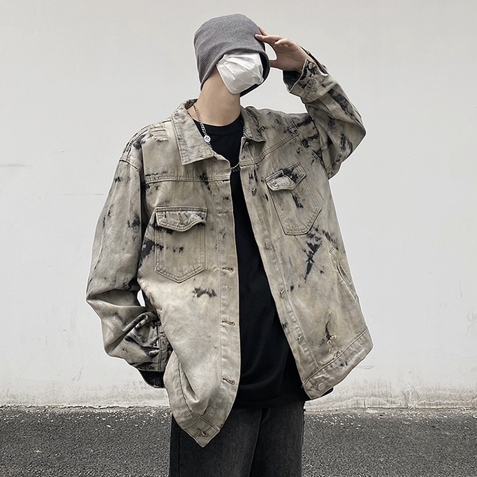 Áo khoác jean denim nam nữ unisex form rộng xám loang, áo khoát jacket jean nam nữ phong cách retro đường phố 1014
