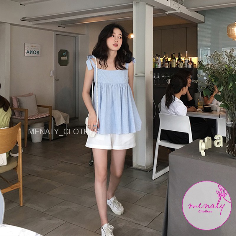 Set bộ hàn quốc áo babydoll tiểu thư nơ vai quần short ống rộng SE032, set đồ nữ tính tiểu thư điệu đà