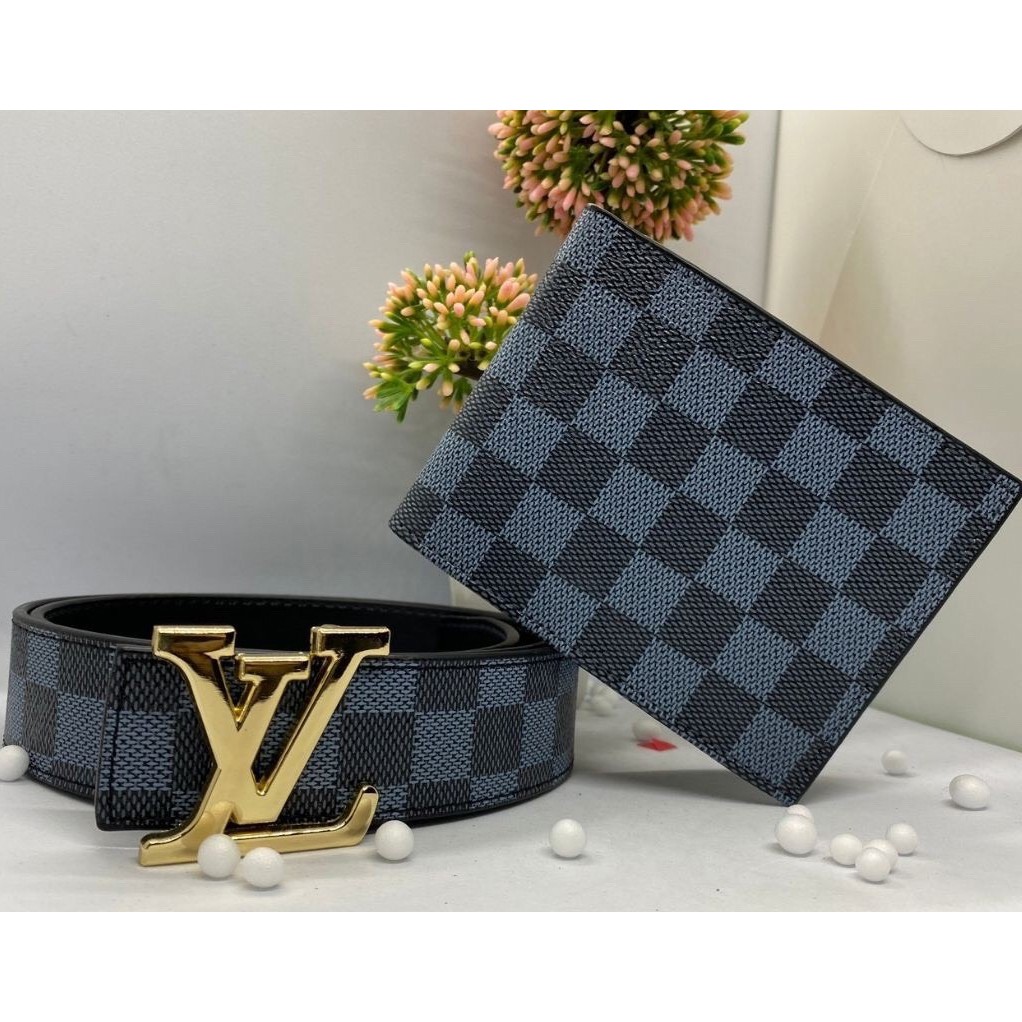 COMBO Thắt Lưng Nam/Dây Nịt Nam+ Ví Da/Bóp Nam Cao Cấp Kẻ Caro Màu Xám Mặt Khóa LV vàng