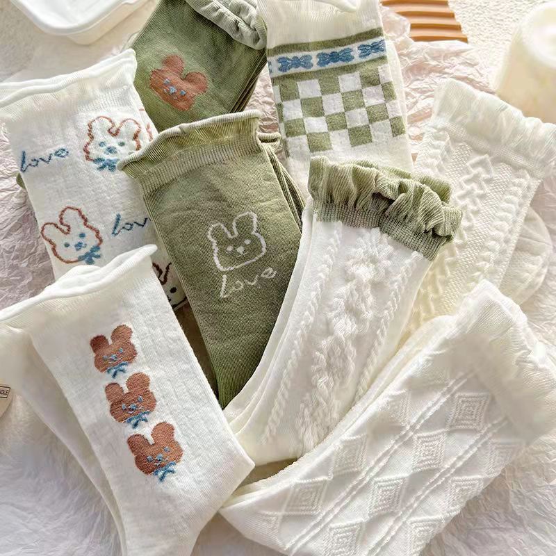 1 Đôi Tất Cotton Ngang Bắp Chân In Hình Gấu Thỏ Hoạt Hình Phối Ren Màu Trắng / Xanh Dương Thời Trang Mùa Thu Cho Bạn