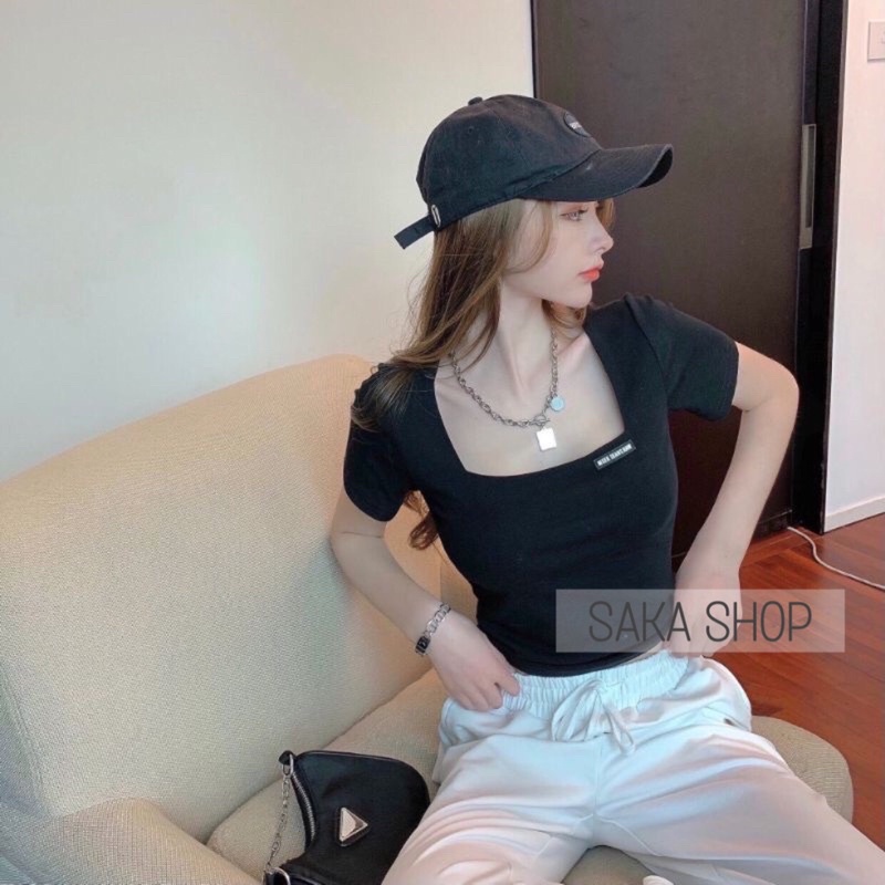 Áo croptop nữ thun trơn màu thêu logo nổi vải thun bozip lụa