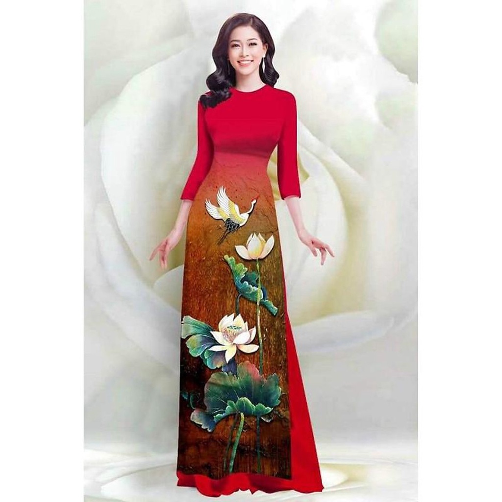 SÉT ÁO DÀI LỤA TRUYỀN THỐNG IN HOA SEN & CHIM CÒ