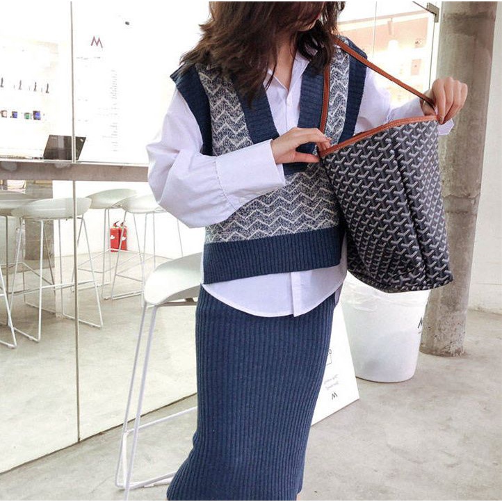 One Set Áo Sơ Mi + Áo Khoác Không Tay + Chân Váy Dệt Kim Thời Trang Nữ