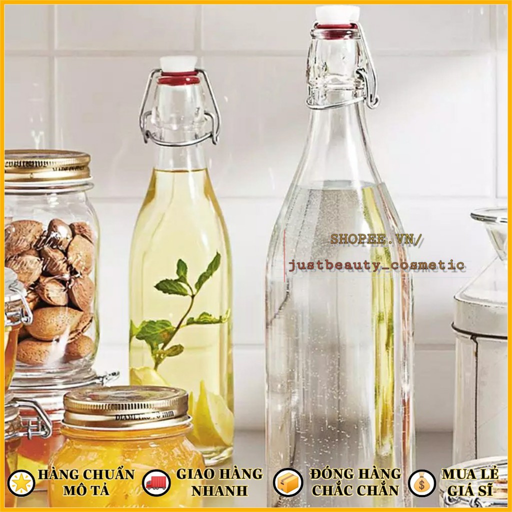 CHAI THỦY TINH có NẮP GÀI dáng Vuông/Tròn/Bầu kín hơi LỌ THỦY TINH nút CÀI nhựa kiểu Ý nhập khẩu 250ml 500ml 1L 1000ml
