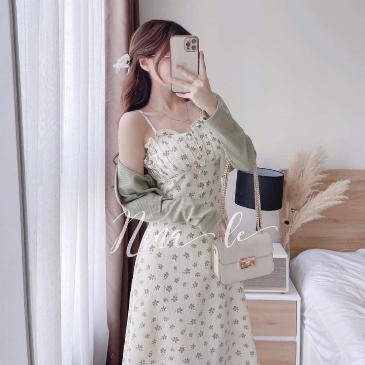 Váy hoa nhí - Đầm 2 dây dáng dài mix áo khoác cadigan phong cách trẻ trung,xinh đẹp cực dễ thương sam_sam_shop_1011