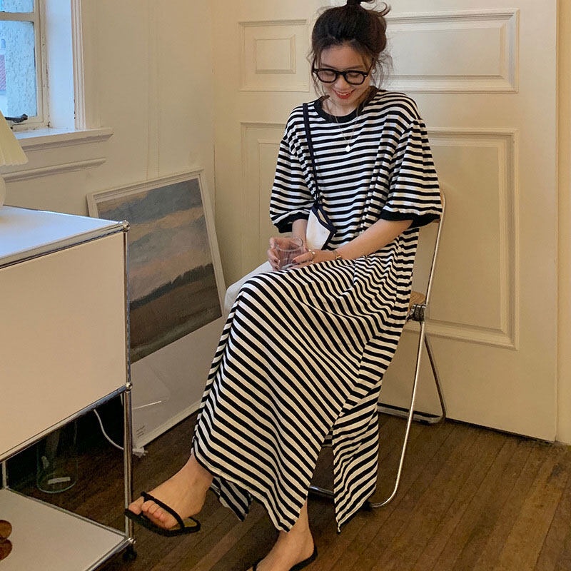Đầm dài XINLANYASHE dáng chữ A ôm eo cổ tròn tay ngắn kẻ sọc màu tương phản cỡ lớn phong cách Hàn Quốc váy thiết kế tay bồng